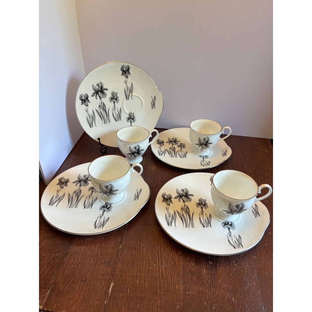 Crown Staffordshire Black Iris Bone China Snack Set 4 Cups 4 Snack Plates